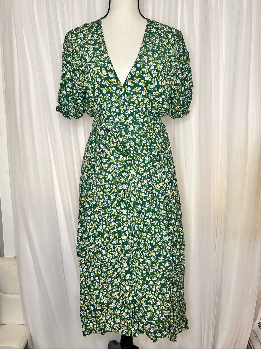 Faithfull the Brand Anthropologie Green Floral Wrap Midi Dress